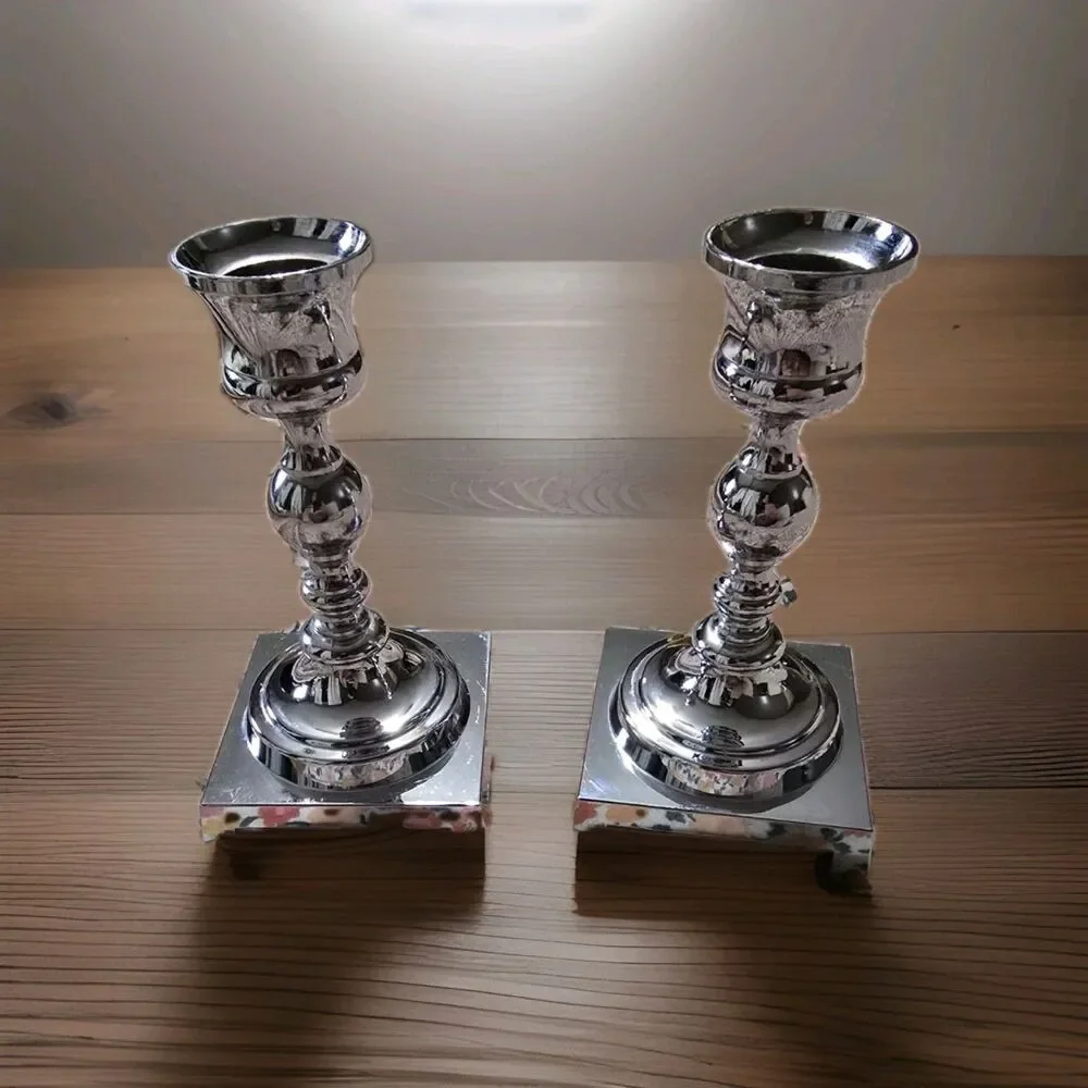 Vintage Polished Chrome Square Base Candlestick Holders - Matching Pair